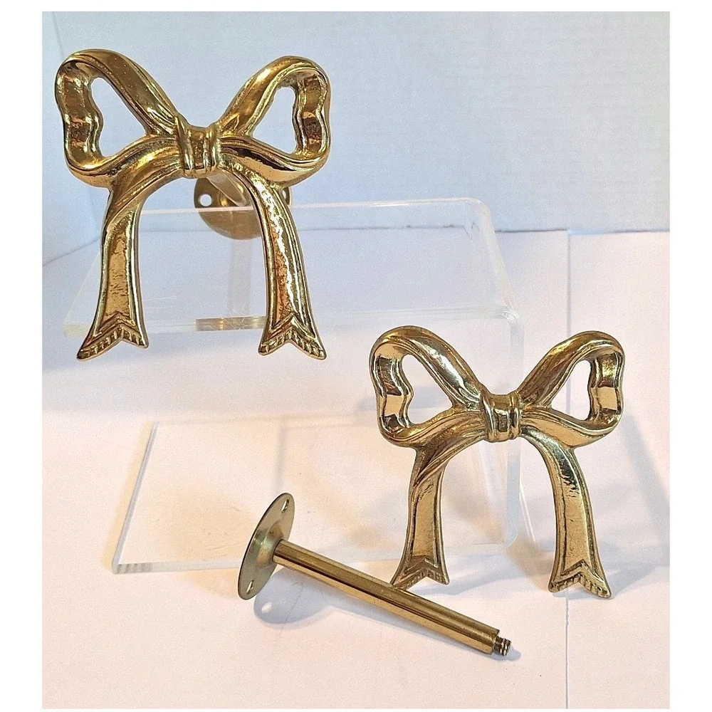 Vintage Brass Bow Curtain Tiebacks Set Gold Ribbon Wall Hooks Regency Decor 2pc
